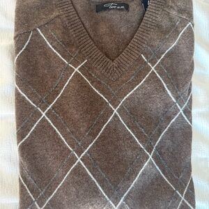 Men’s 100% Cashmere Brown Argyle V-Neck Sweater – Two a.m. (Size L)